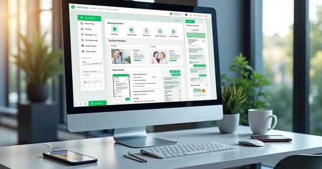 Tela de computador mostrando painel de automação de WhatsApp com chatbots e envio de mensagens automáticas