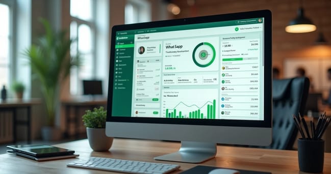 Tela de computador mostrando dashboard de automação no WhatsApp para e-commerce com gráficos e notificações ativadas