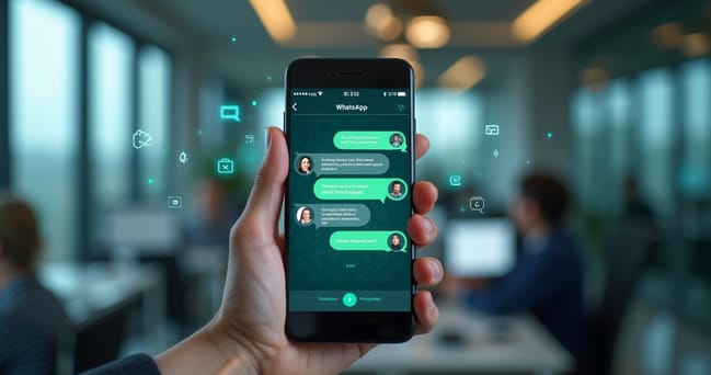 Interface moderna de chatbot WhatsApp em smartphone com mensagens automáticas e ícones de áudio e vídeo