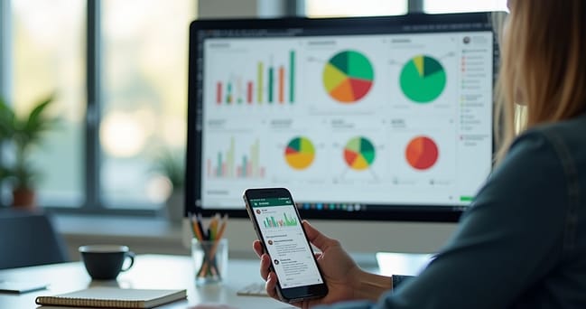 Pessoa analisando mensagens de feedback no WhatsApp com gráficos na tela do computador ao fundo
