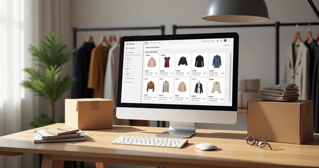 Computador com tela exibindo carrinhos de compra abandonados em e-commerce de moda, ao lado roupas penduradas e pacotes de entrega