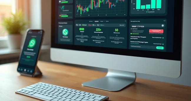 Tela de computador mostrando dashboard de automação de vendas via WhatsApp com gráficos e mensagens automáticas