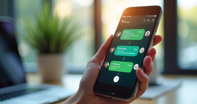 Tela de smartphone exibindo fluxo automatizado de mensagens no WhatsApp com ícones coloridos de texto, áudio e vídeo em fundo de escritório moderno