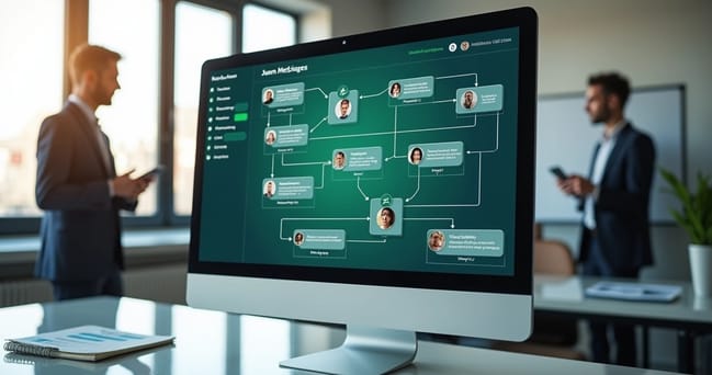 Tela de computador exibindo interface de automação de mensagens no WhatsApp com gráficos de engajamento e fluxo de mensagens organizado