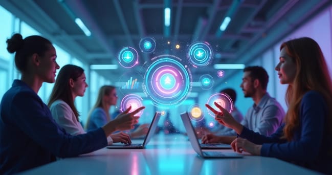 Usuários interagindo com uma plataforma digital de gamificação exibida em telas modernas, com pontos, medalhas e gráficos coloridos representando fidelização de clientes