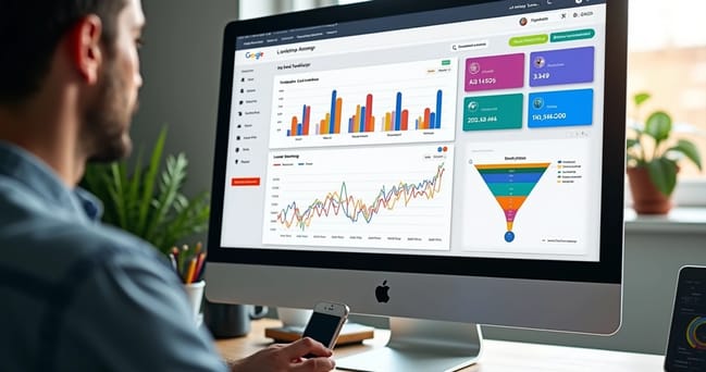 Tela de computador mostrando dashboard de automação de marketing e gráficos de desempenho de anúncios Google Ads