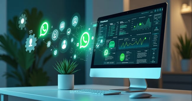 Interface digital mostrando integração de APIs do WhatsApp com e-commerce em painel moderno