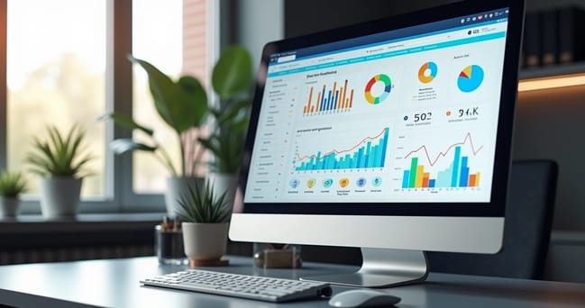 Computador exibindo análise detalhada de dados de campanhas de tráfego pago com gráficos coloridos e ícones digitais