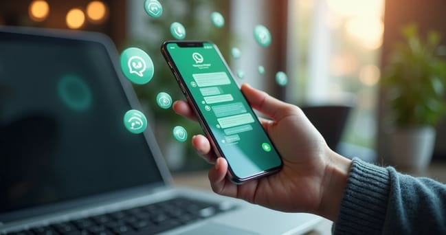 Pessoa segurando celular com tela mostrando chat ativo do WhatsApp durante live commerce, cercada por ícones interativos de texto, áudio e vídeo, teclado minimalista e fundo de ambiente moderno com lu