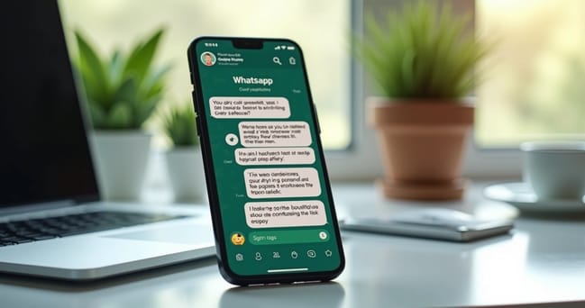 Tela de smartphone mostrando conversa no WhatsApp com mensagens curtas e claras, ícones de emoji e botões interativos, em ambiente moderno com fundo desfocado