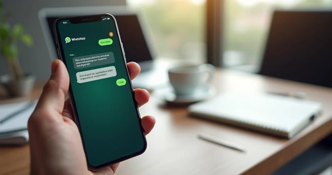 Smartphone mostrando mensagem de lembrete de pagamento pelo WhatsApp em um ambiente moderno e profissional