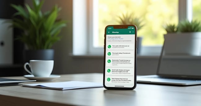 Smartphone mostrando notificações de mensagens pós-venda no WhatsApp em ambiente de escritório moderno com luz natural