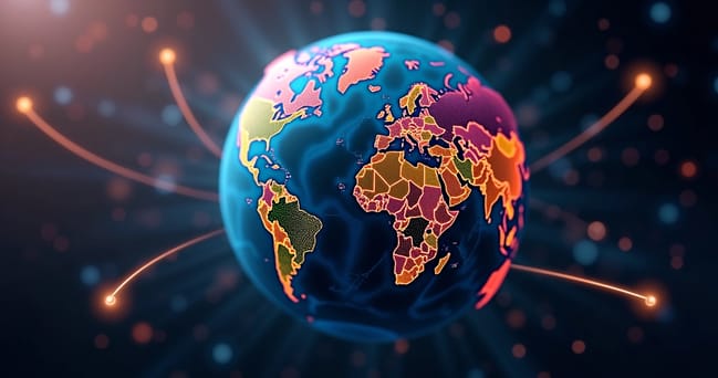 Ilustração realista do globo terrestre com mapas coloridos e setas conectando diferentes países e idiomas indicando links hreflang em SEO global