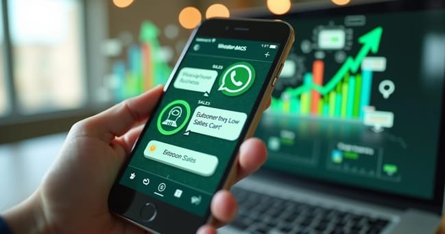 Tela de smartphone mostrando conversa de WhatsApp Business com mensagens automáticas, gráficos de vendas no fundo e ícones de automação e chatbots