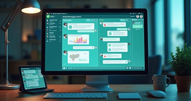 Interface de plataforma de automação mostrando mensagens gerenciadas via WhatsApp em tela de computador com gráficos e notificações interativas