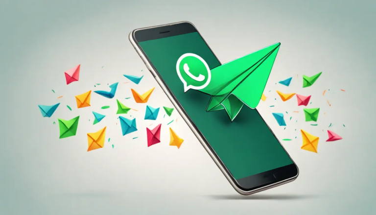 Smartphone exibindo interface do WhatsApp com ícone de avião de papel simbolizando envio de campanhas, cercado por marcas de verificação verdes.