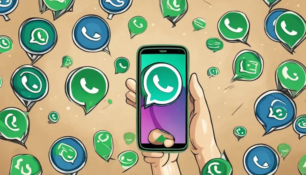 Smartphone exibindo o logo do WhatsApp com ícones de suporte ao cliente sugerindo melhorias no atendimento e crescimento de marca.