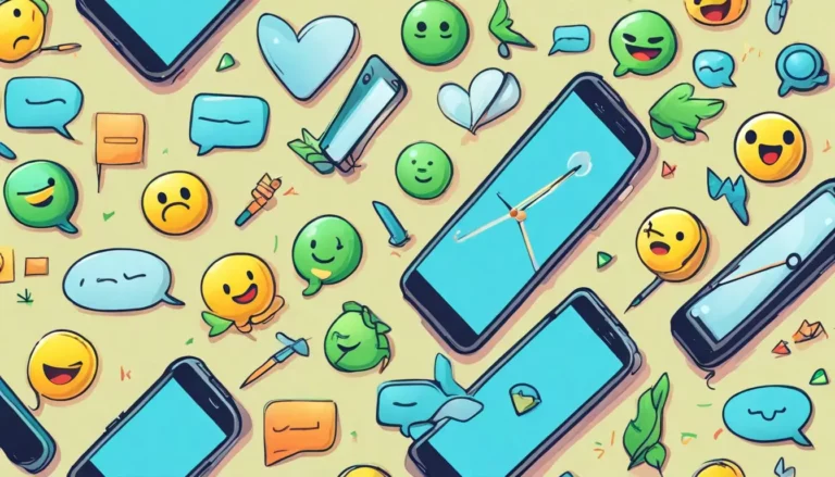 Smartphone prateado com ícones de mensagens e emojis representando estratégias de marketing para WhatsApp e conversões.